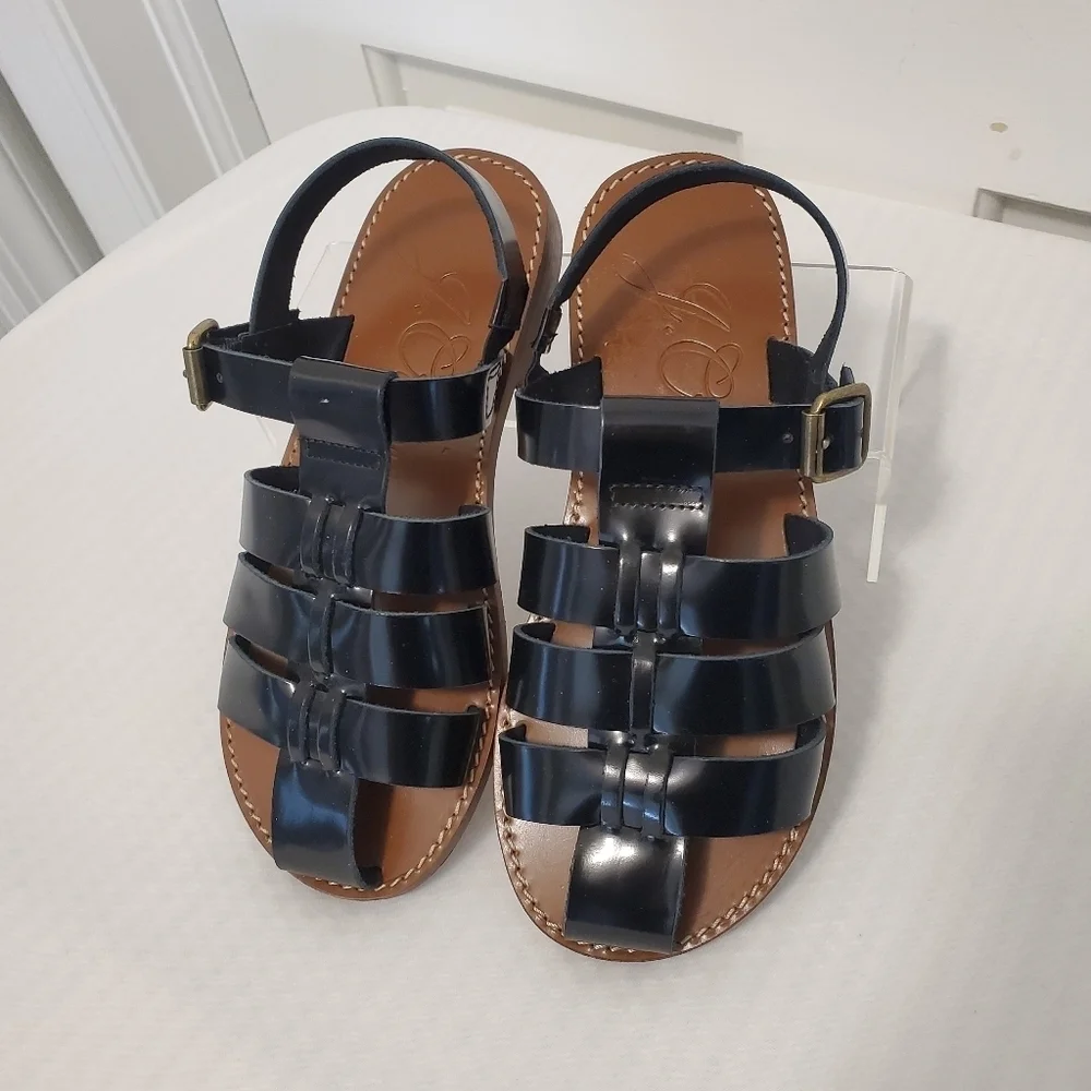 NWOB J. Crew Fisherman Spazzolato Shiny Black Leather Sandals Size 5